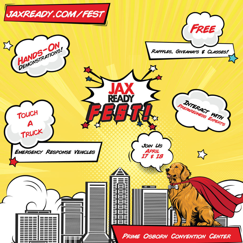 Graphic with verbiage JaxReady Fest with information about the event
