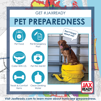 Graphic that states pet preparedness with pet supply kit items